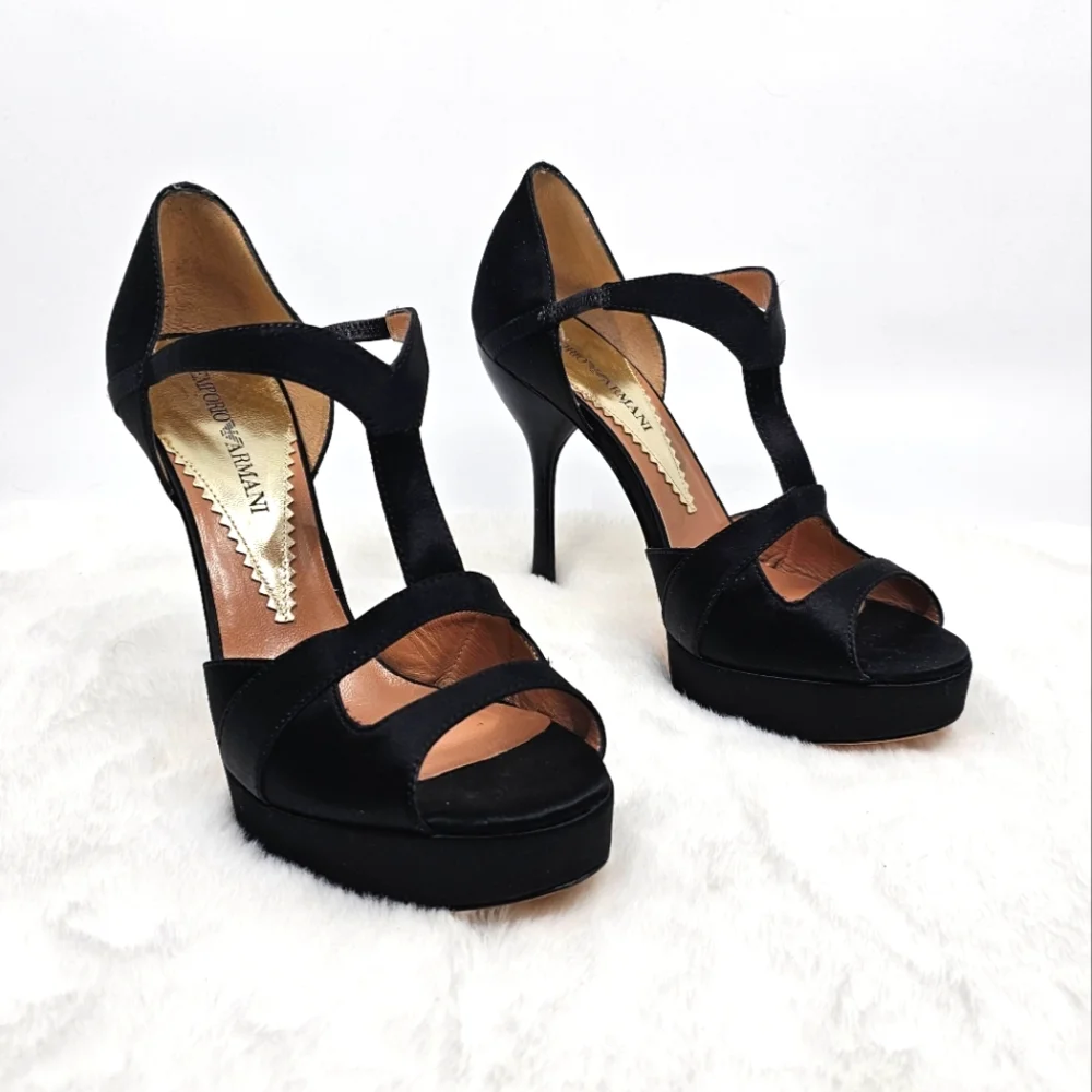 Emporio Armani black evening satin peep toe strappy slip on high heels 5.5 - Picture 1 of 12